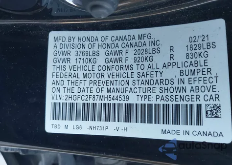 2021 Honda Civic Sport z USA, uszkodzony, nr VIN 2HGFC2F87MH544539